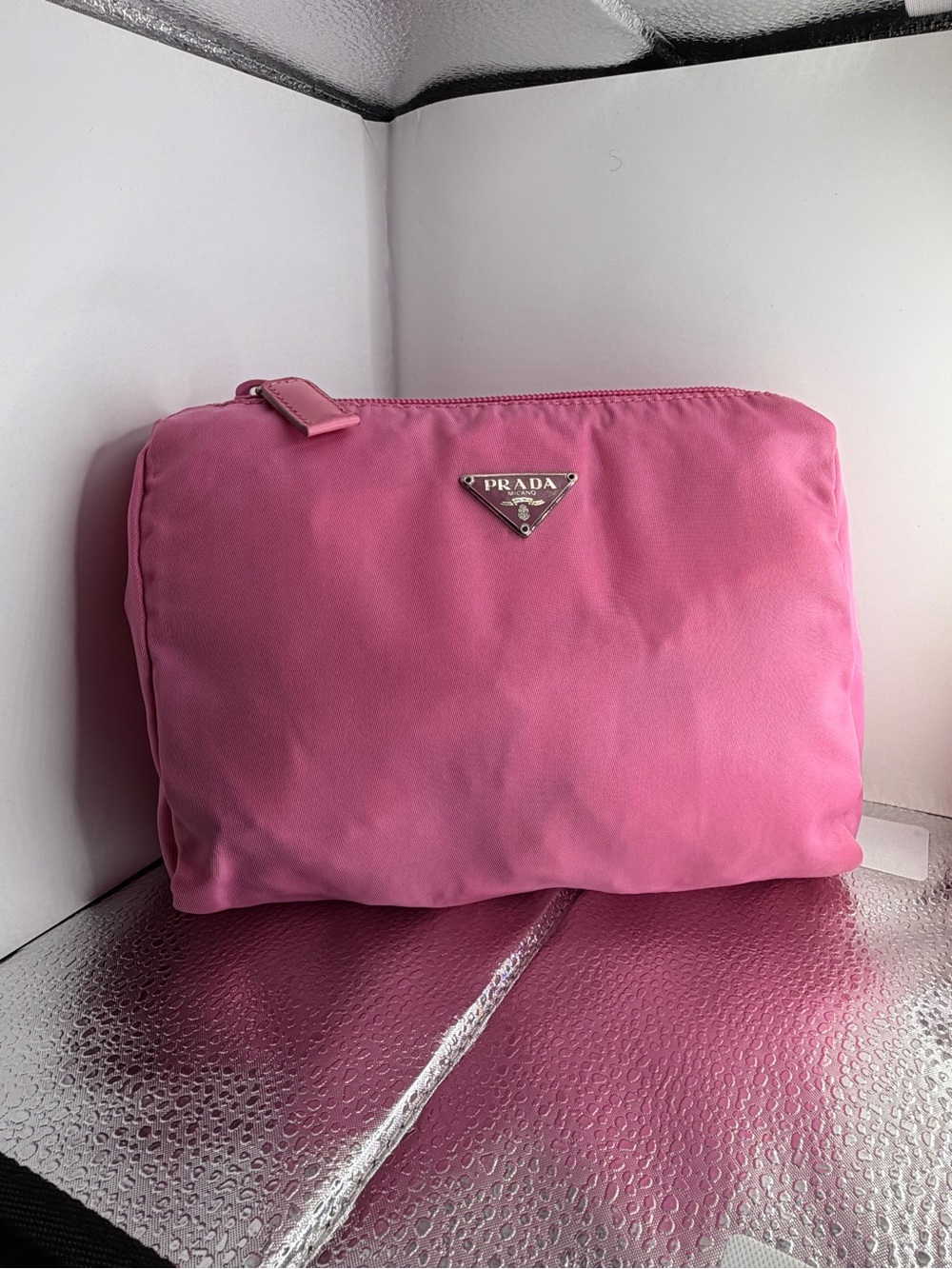 Prada Hot Pink Nylon Cosmetic Pouch with Triangle Logo